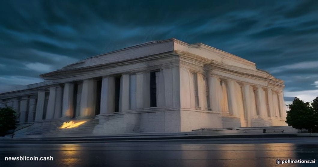 Cinematic photorealistic editorial photograph of the Marriner S. Eccles Federal Reserve Building in Washington D.C., shot fro