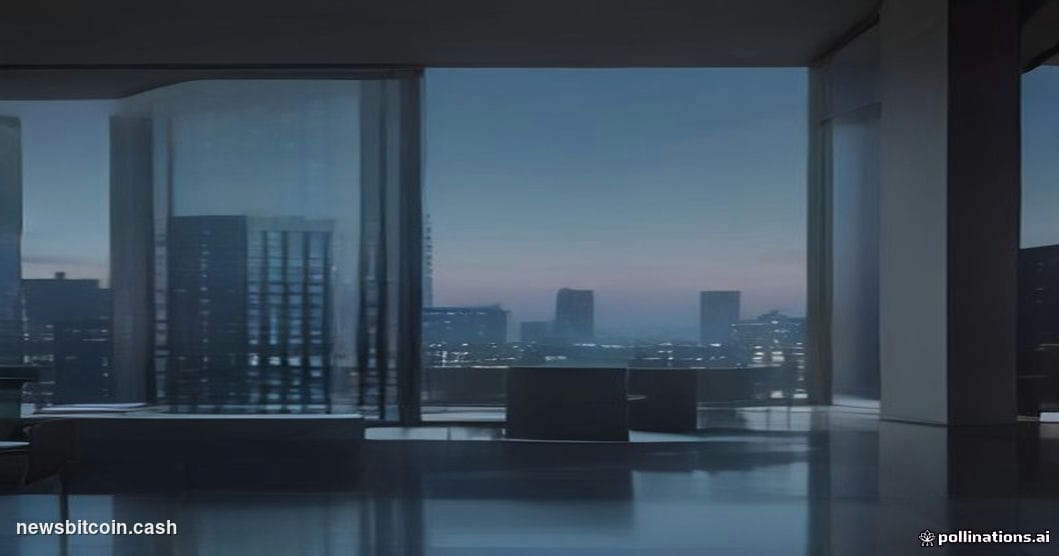 A cinematic photorealistic editorial photograph of a sleek, modern financial institution headquarters at dusk, reminiscent of
