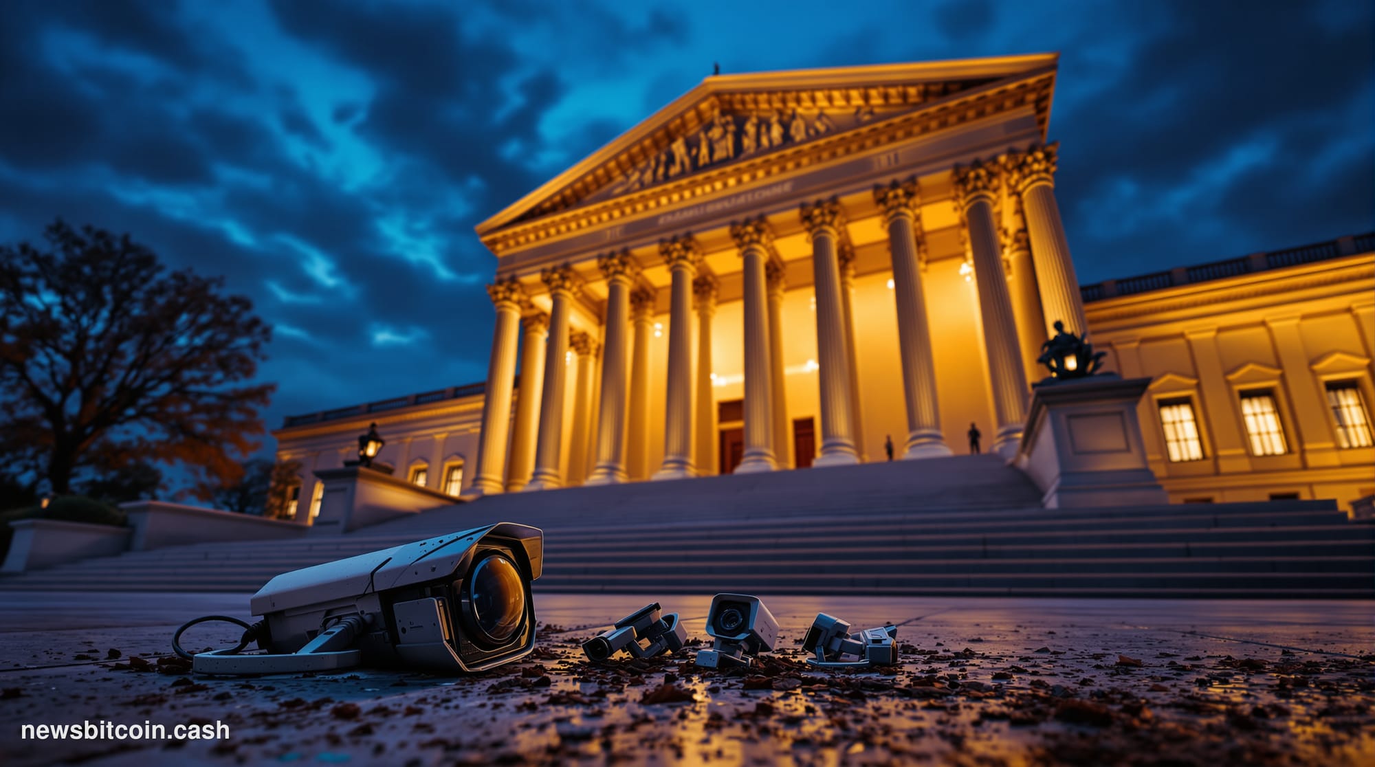 Cinematic photorealistic editorial photograph of the U.S. Treasury Department building in Washington D.C., shot from a low an