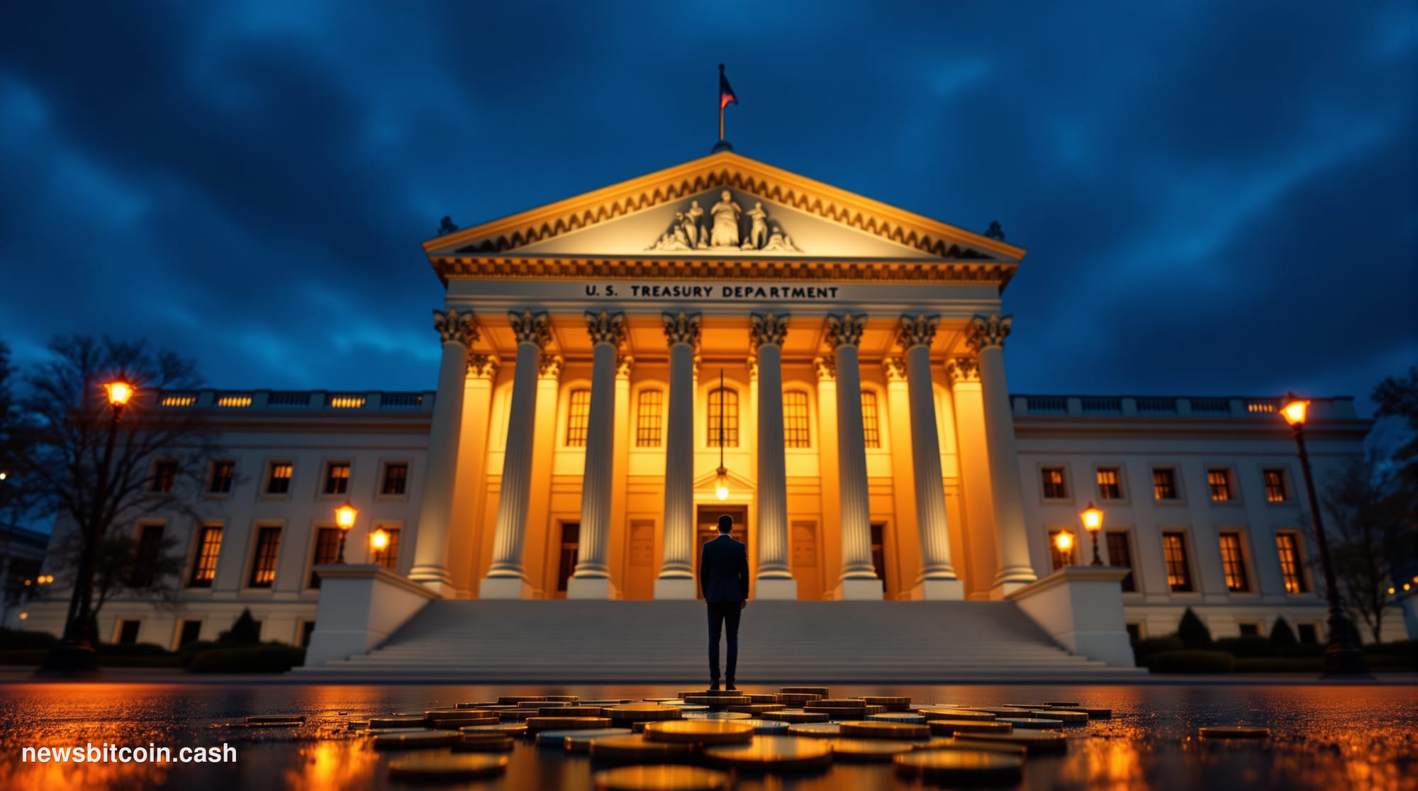 Cinematic photorealistic editorial photograph of the US Treasury Department's neoclassical Washington D.C. headquarters build