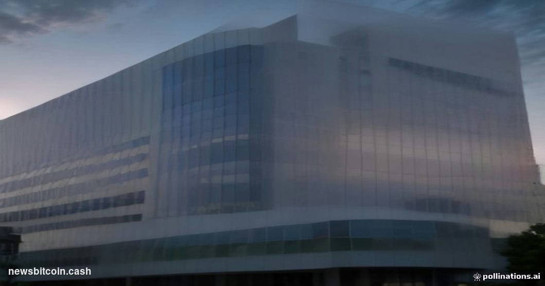 Cinematic photorealistic editorial photograph of Visa's corporate headquarters in Foster City, California, shot at dusk from 