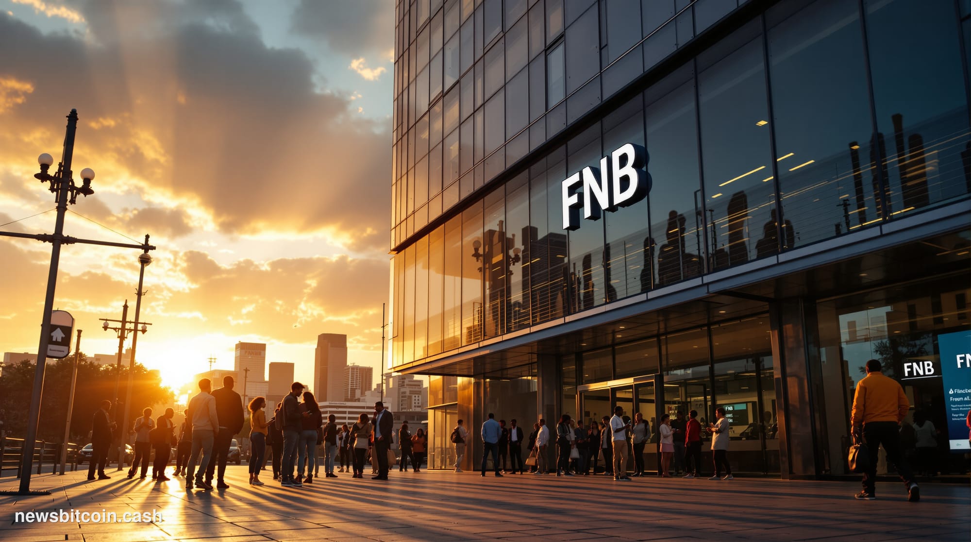 Cinematic photorealistic editorial photograph of First National Bank's prominent South African branch exterior in Johannesbur