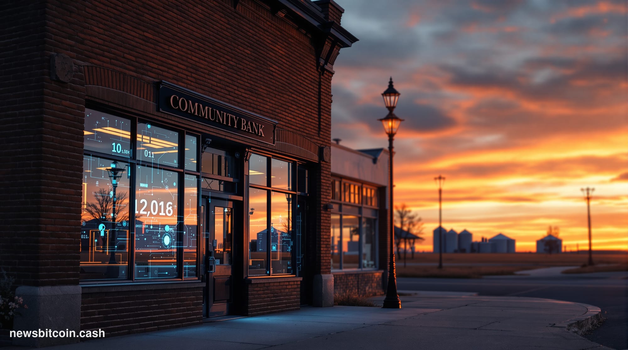 Cinematic photorealistic editorial photograph of a rural North Dakota main street at dusk, with a classic brick-facade commun