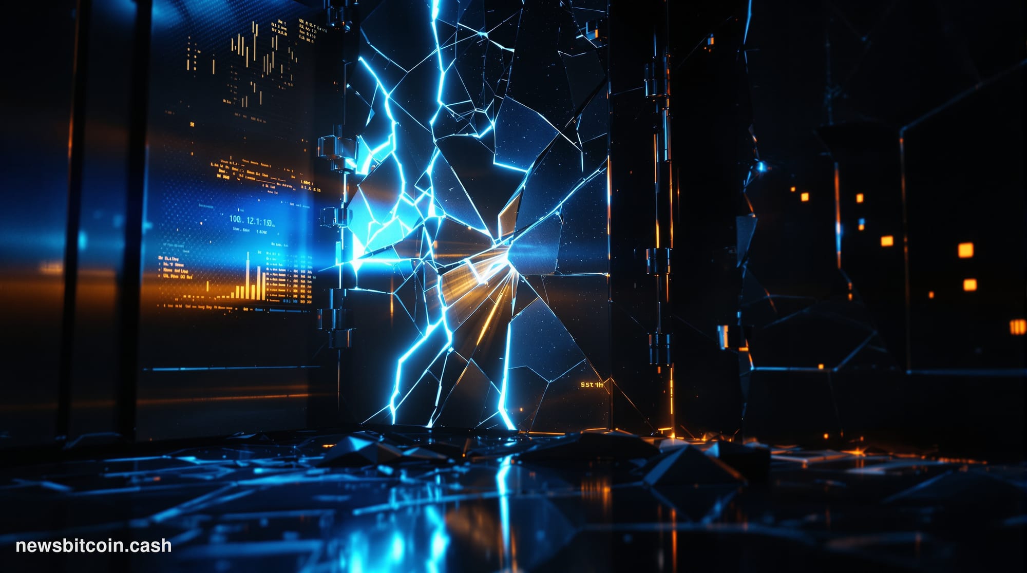 Cinematic photorealistic editorial photograph of a cracked digital vault door illuminated by cold blue neon light in a dark s