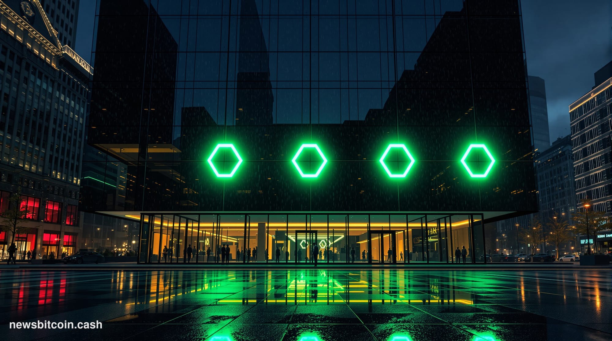 A cinematic photorealistic editorial photograph shot at ground level looking up at four glowing green digital price tickers m