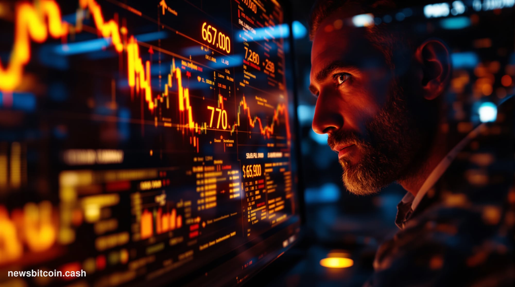 A cinematic photorealistic editorial photograph of Bitcoin trading screens displaying red candlestick charts showing the pric