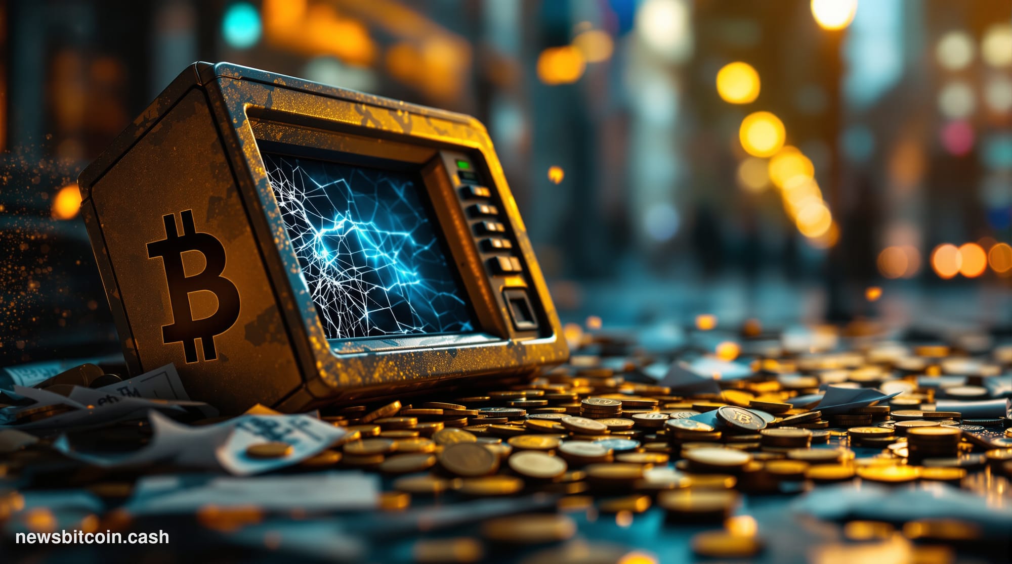 A cinematic photorealistic editorial photograph showing a Bitcoin ATM kiosk in an abandoned or closing retail location, shot 