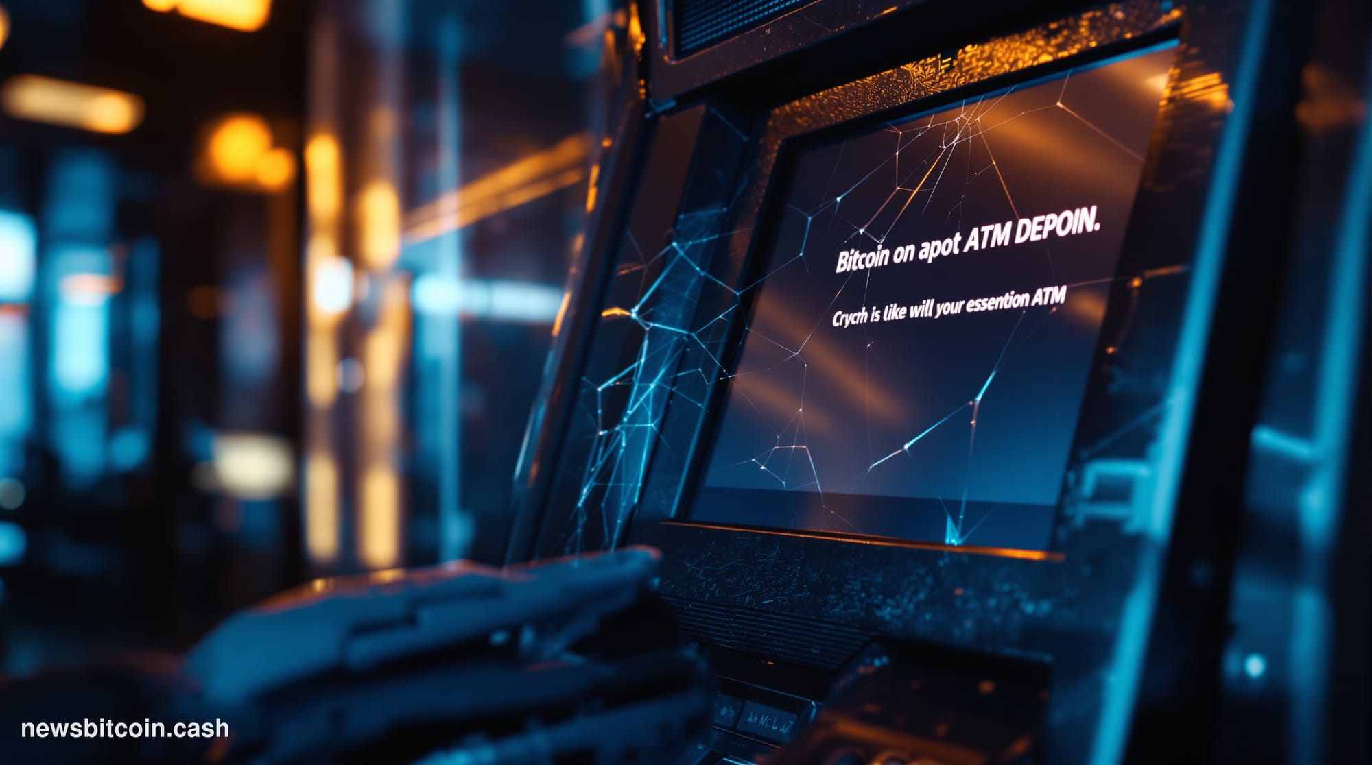 A cinematic photorealistic editorial photograph of a Bitcoin ATM kiosk in an empty convenience store or gas station, dramatic