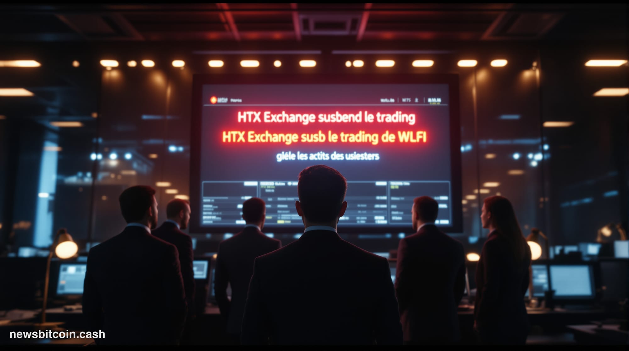 A cinematic photorealistic editorial photograph showing a modern cryptocurrency exchange trading floor in crisis mode, with m