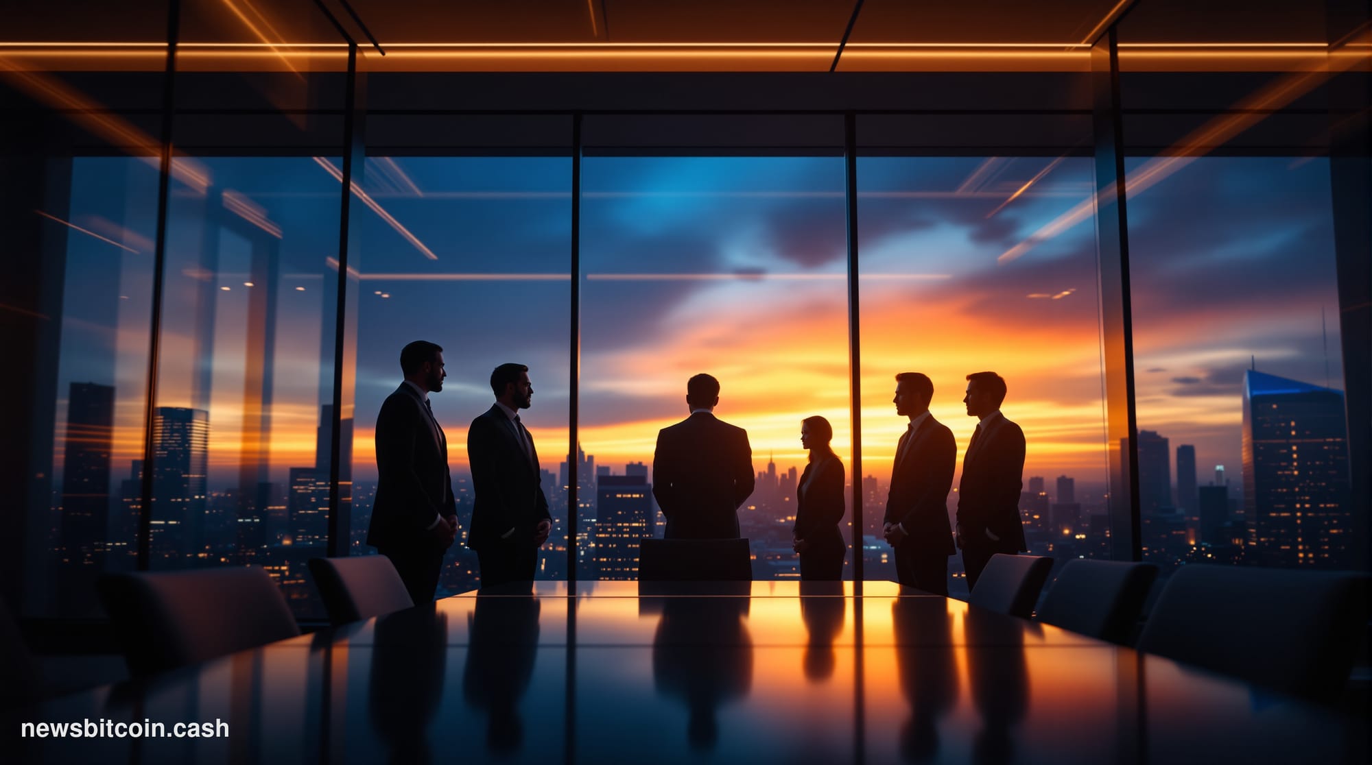 Cinematic photorealistic editorial photograph of a modern fintech company headquarters at golden hour, showing a sleek glass 