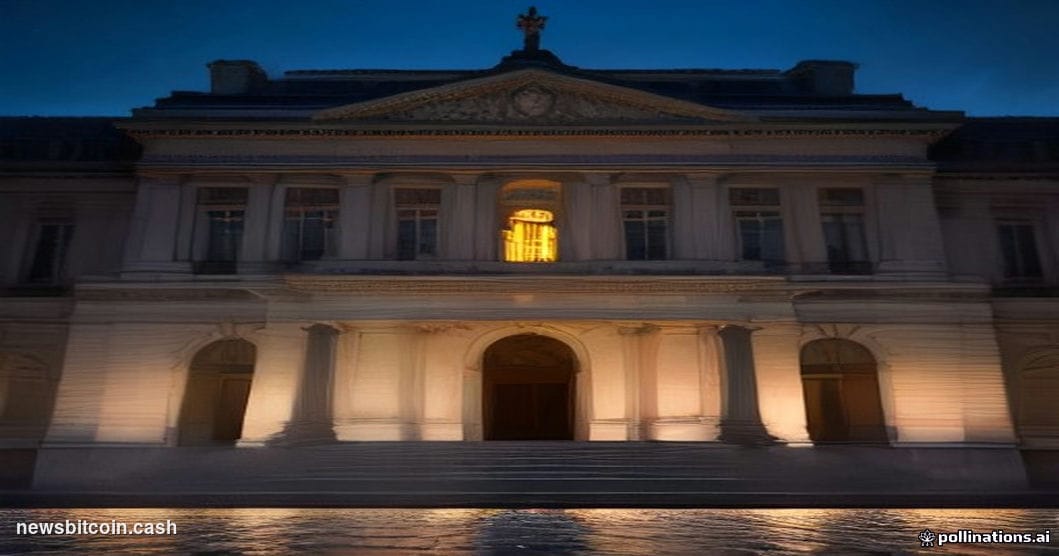 Cinematic photorealistic editorial photograph of the French National Assembly building in Paris at dusk, its neoclassical sto