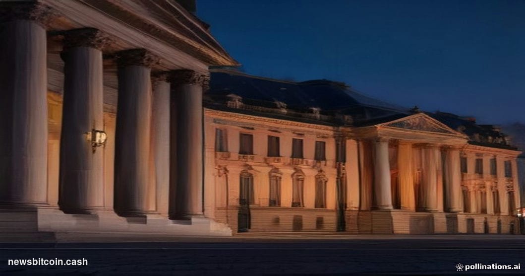 Cinematic photorealistic editorial photograph of the Palais Bourbon — seat of France's National Assembly — shot from a low an