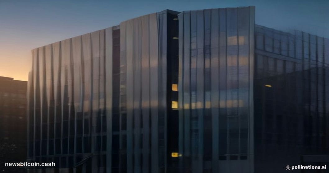Cinematic photorealistic editorial photograph of Franklin Templeton's corporate headquarters exterior, shot at dusk with warm