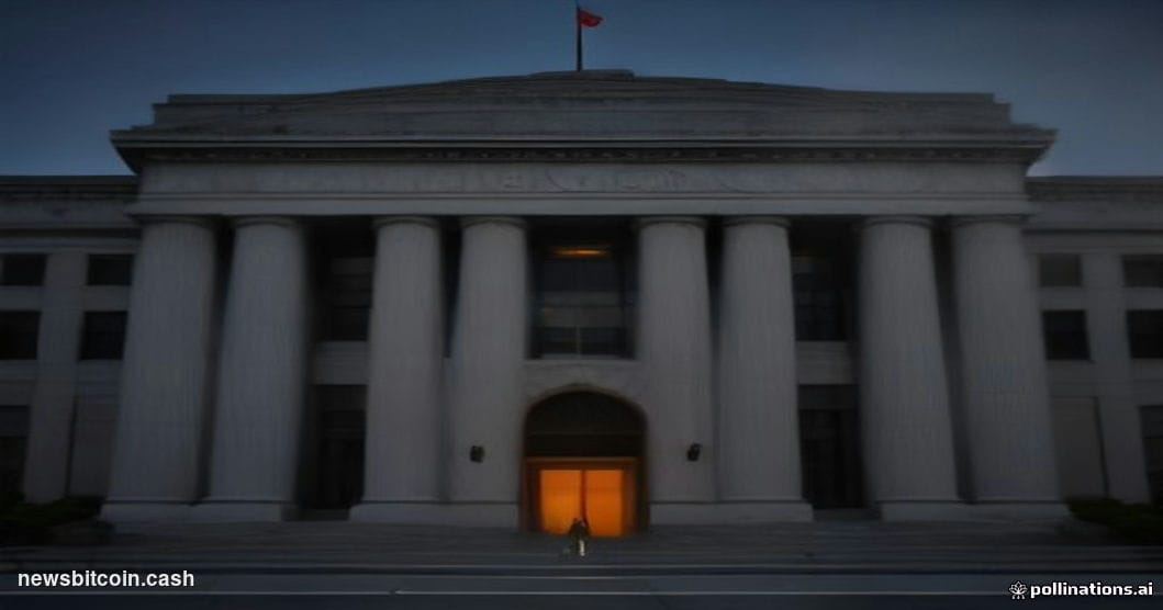 Cinematic photorealistic editorial photograph of a imposing Washington D.C. federal government building facade — modeled on t