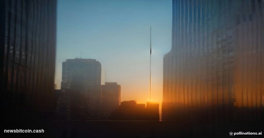 A cinematic photorealistic editorial photograph showing a dramatic upward shot of the Galaxy Digital headquarters building ex
