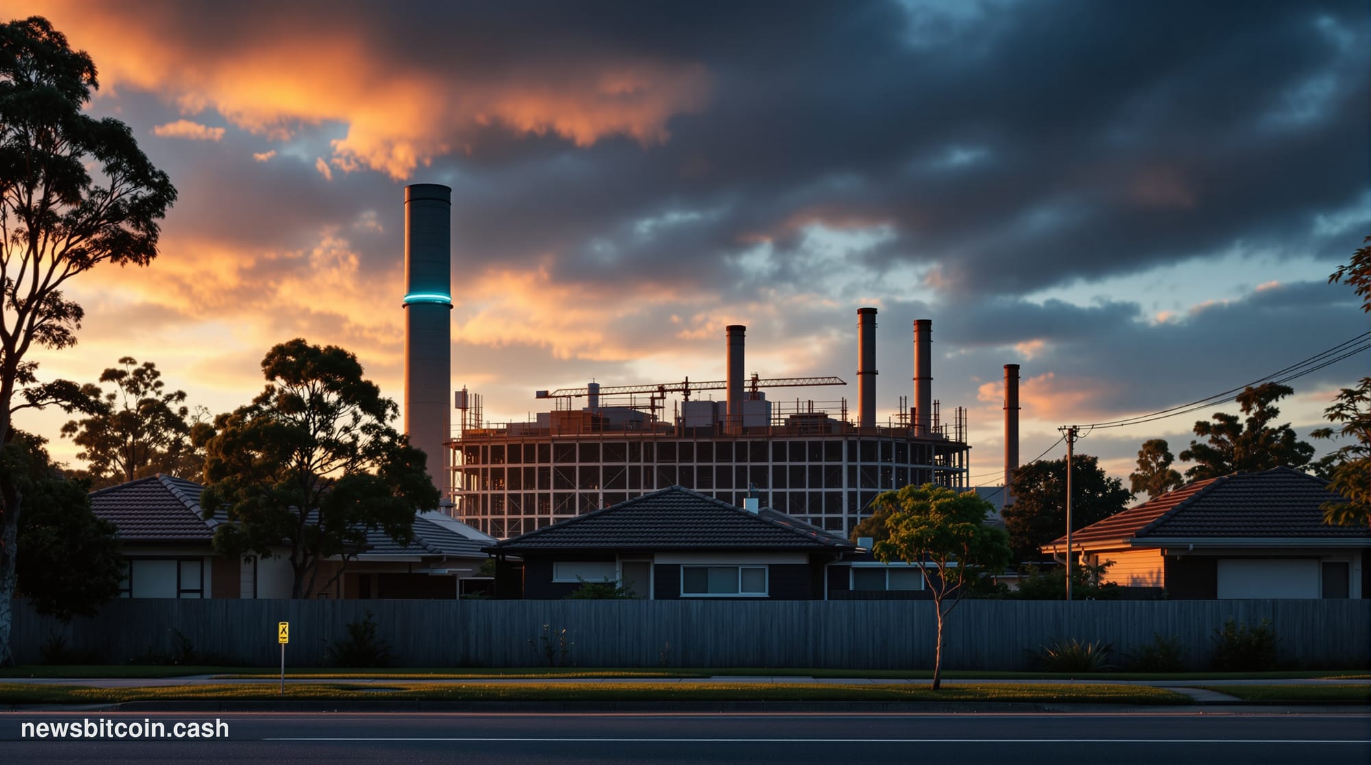 A cinematic photorealistic editorial photograph shot at dusk in a residential Sydney suburb, with the recognizable silhouette