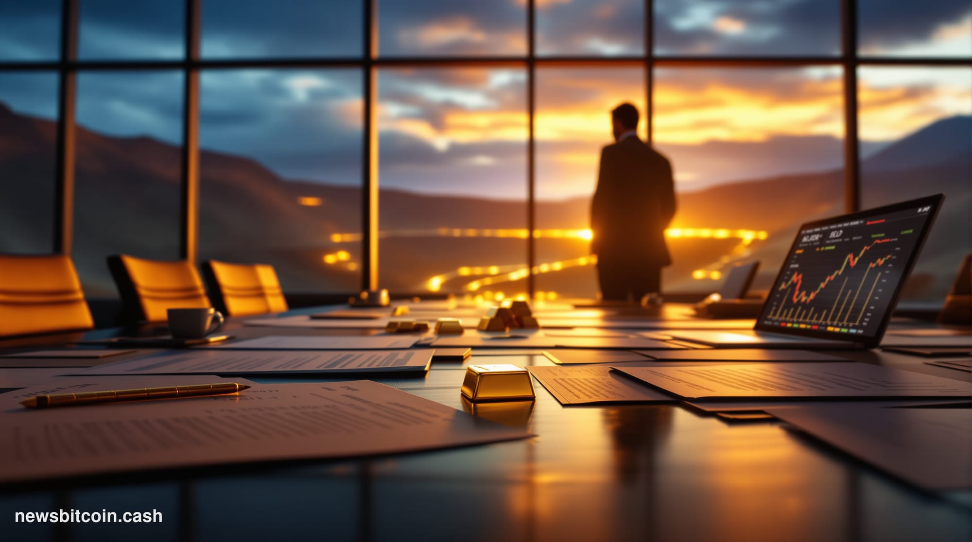 Cinematic photorealistic editorial photograph of a large boardroom table strewn with mining company documents, gold bullion b