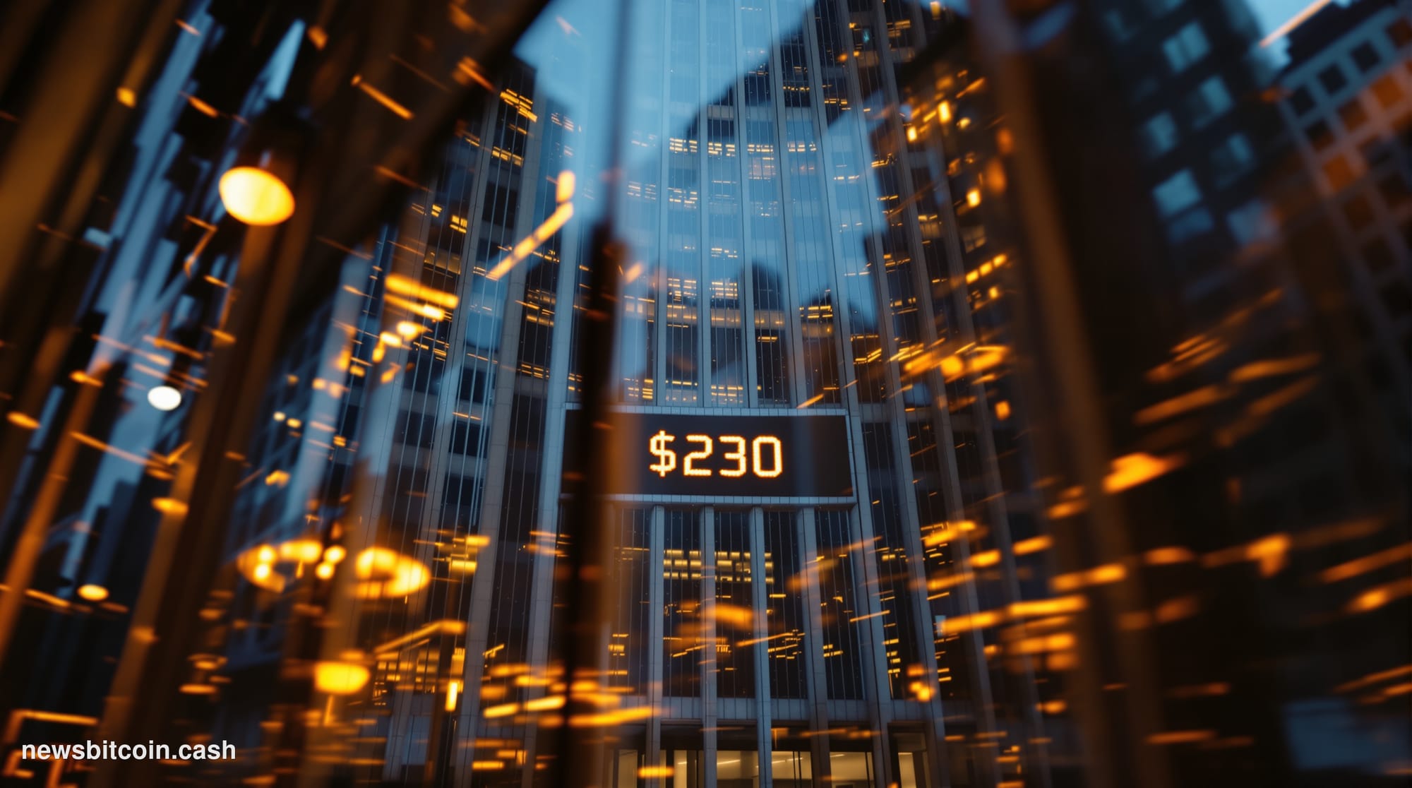 Cinematic photorealistic editorial photograph of a large financial district trading floor viewed through floor-to-ceiling gla