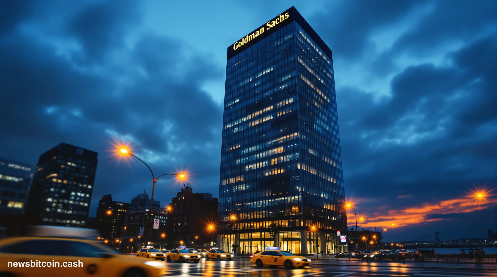 Cinematic photorealistic editorial photograph of the Goldman Sachs headquarters building at 200 West Street in Lower Manhatta