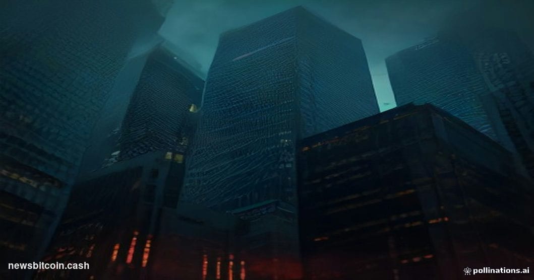 Cinematic photorealistic editorial photograph of the Tokyo financial district at dusk, shot from street level looking upward 