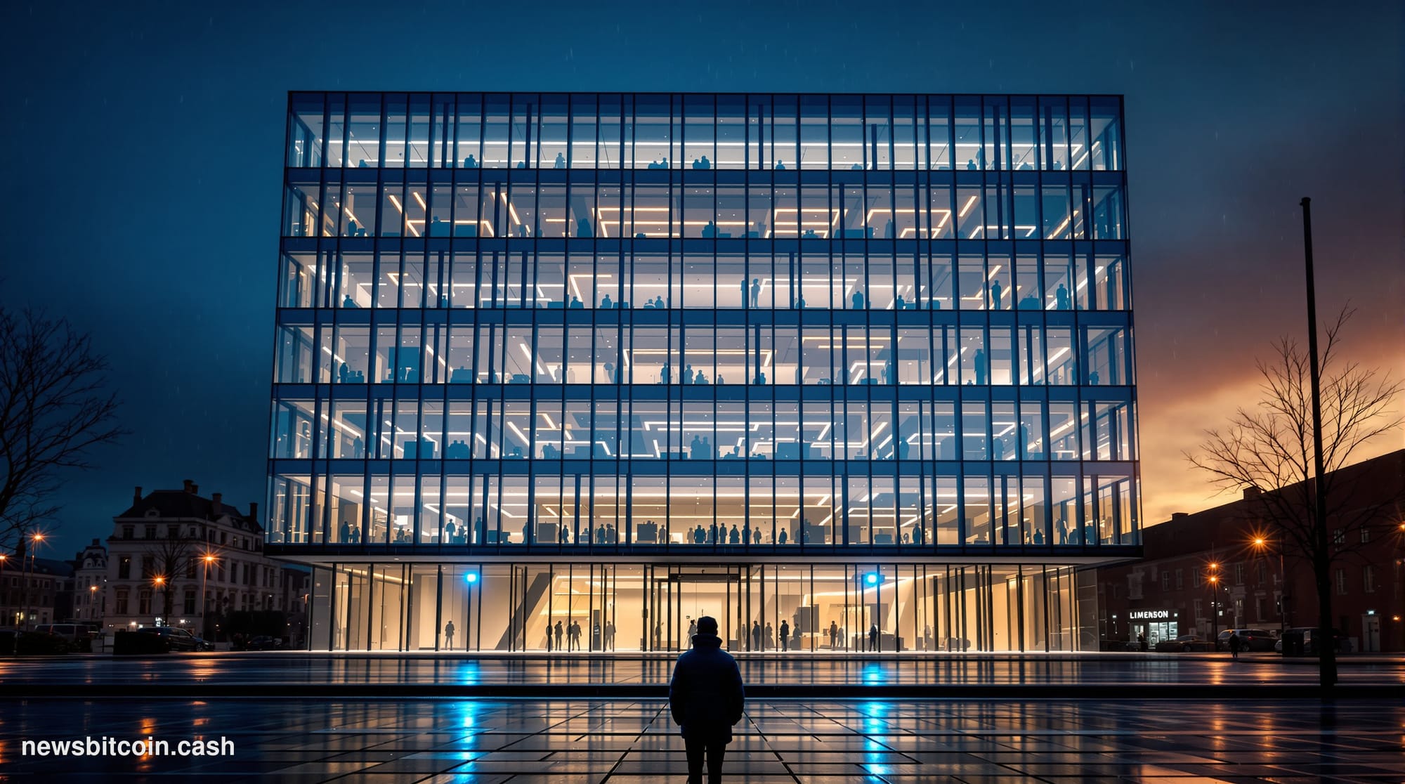 Cinematic photorealistic editorial photograph of Google's DeepMind London headquarters at dusk, the distinctive glass-and-ste