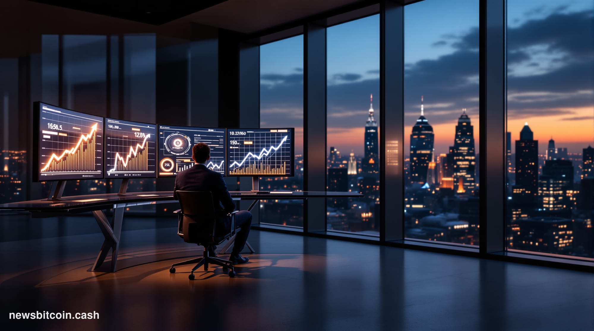 Cinematic photorealistic editorial photograph of a sleek, modern financial advisory office interior at dusk, with floor-to-ce