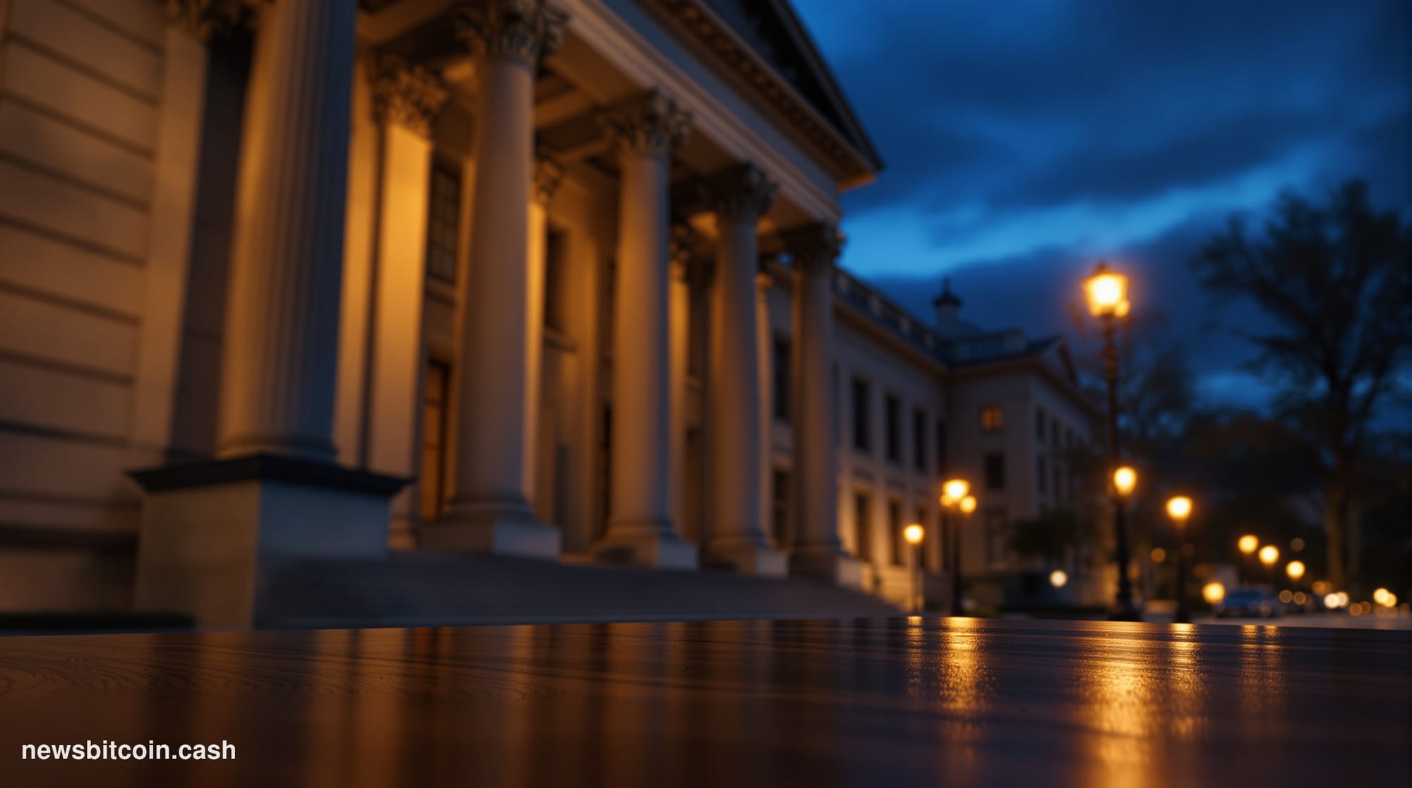 A cinematic photorealistic editorial photograph of the SEC headquarters building in Washington D.C. — the neoclassical stone 