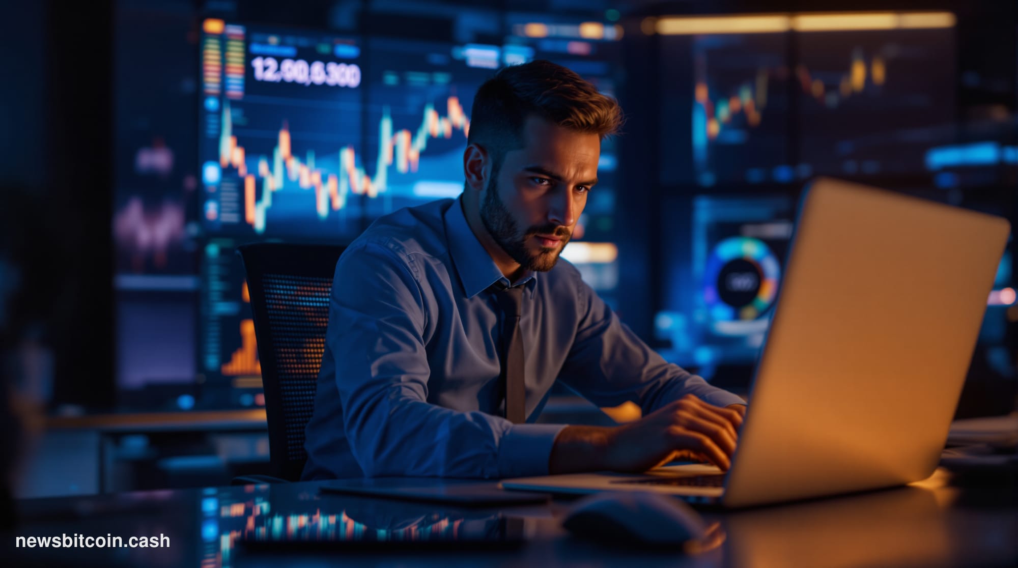 A cinematic photorealistic editorial photograph of a modern cryptocurrency mining facility transitioning to AI computing infr