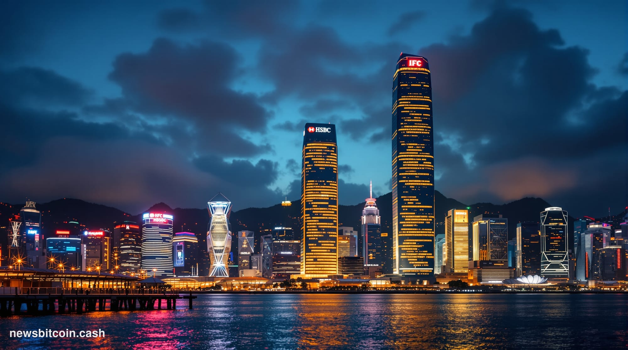Cinematic photorealistic editorial photograph of Hong Kong's Central financial district skyline at dusk, shot from a low angl