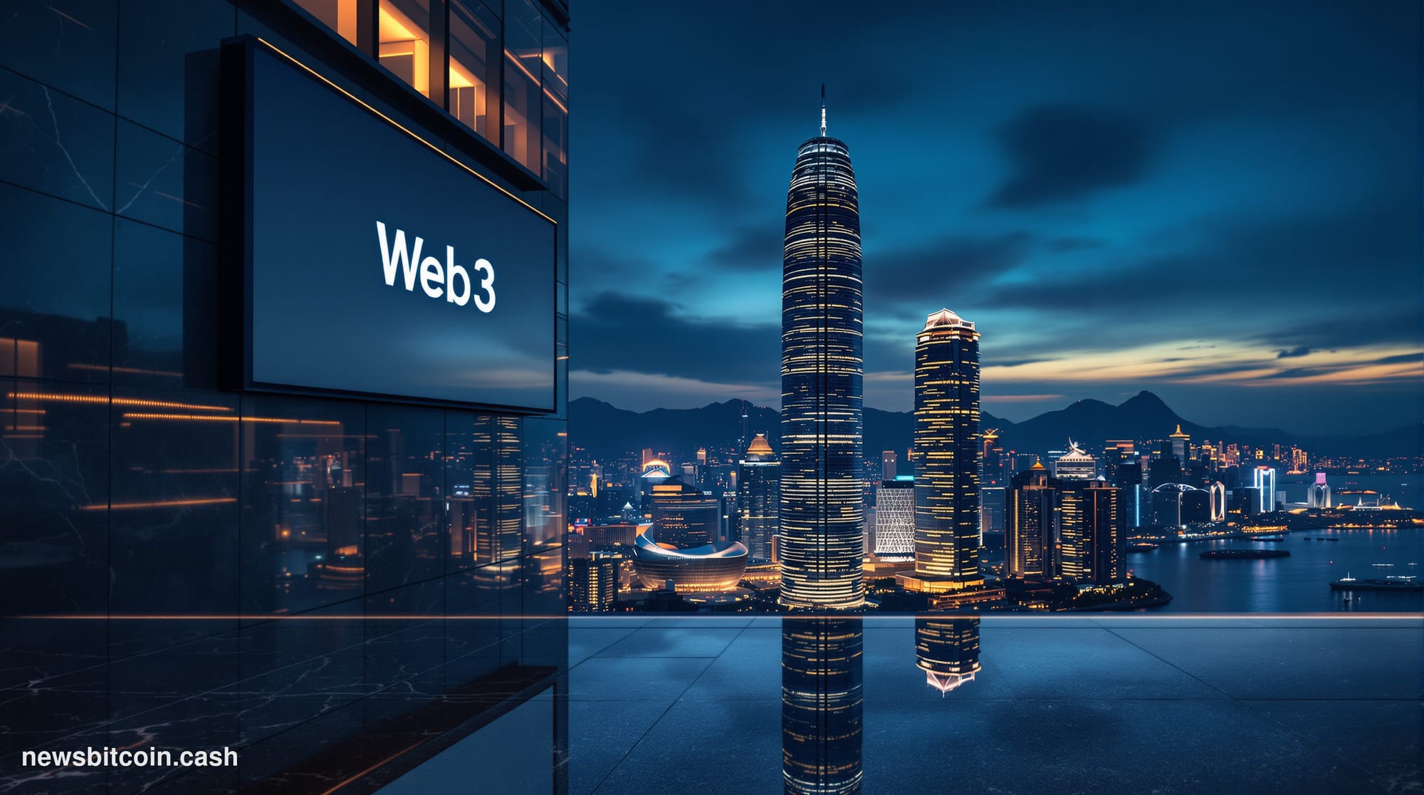 Cinematic photorealistic editorial photograph of Hong Kong's Central financial district skyline at dusk, shot from a low angl