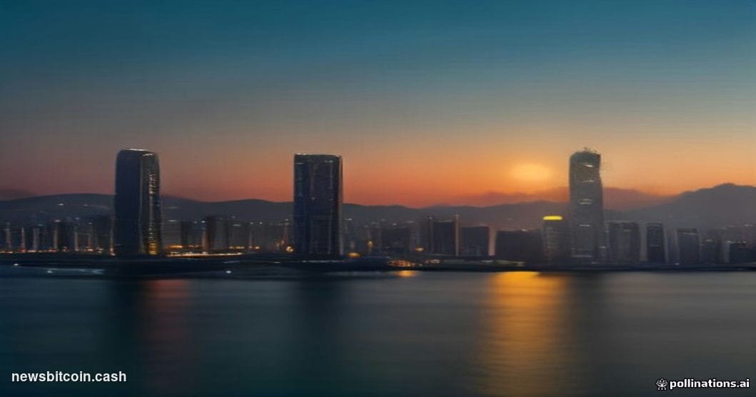 Cinematic photorealistic editorial photograph of Hong Kong's iconic Victoria Harbour skyline at dusk, with the Central financ