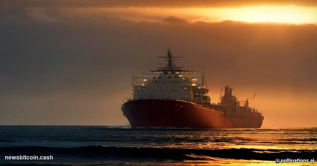 Cinematic photorealistic editorial photograph of an oil supertanker navigating the narrow, haze-shrouded waters of the Strait