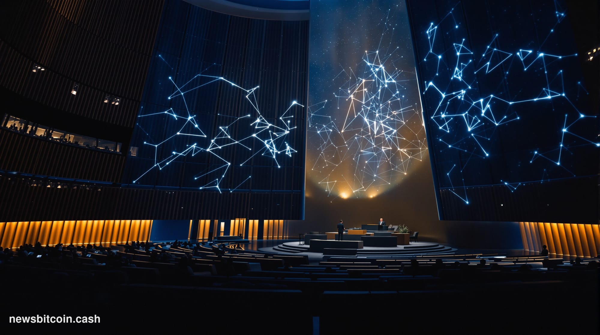 A cinematic photorealistic editorial photograph set inside a grand United Nations General Assembly chamber in New York, shot 