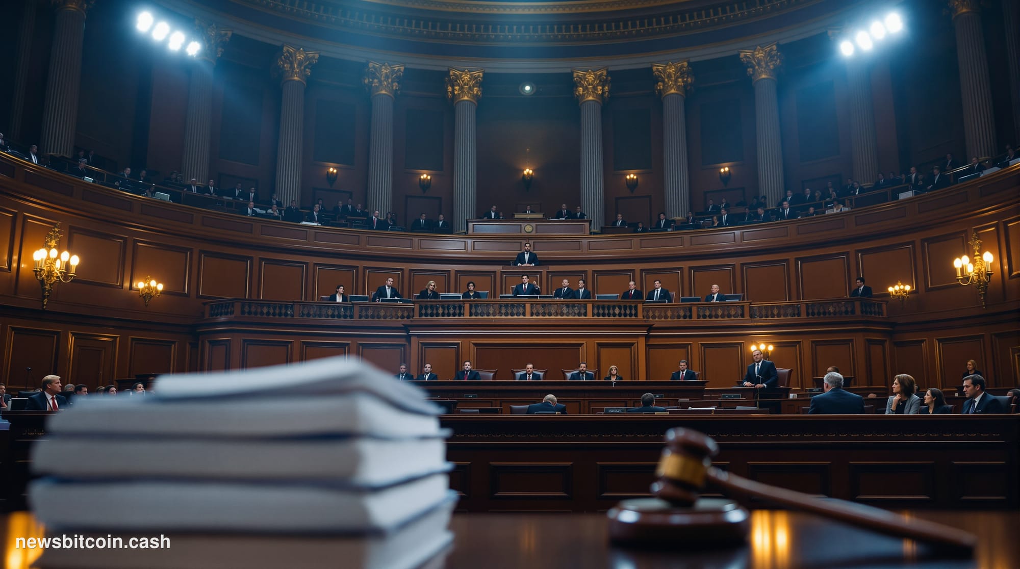 A cinematic photorealistic editorial photograph set inside a grand congressional hearing room on Capitol Hill, Washington D.C