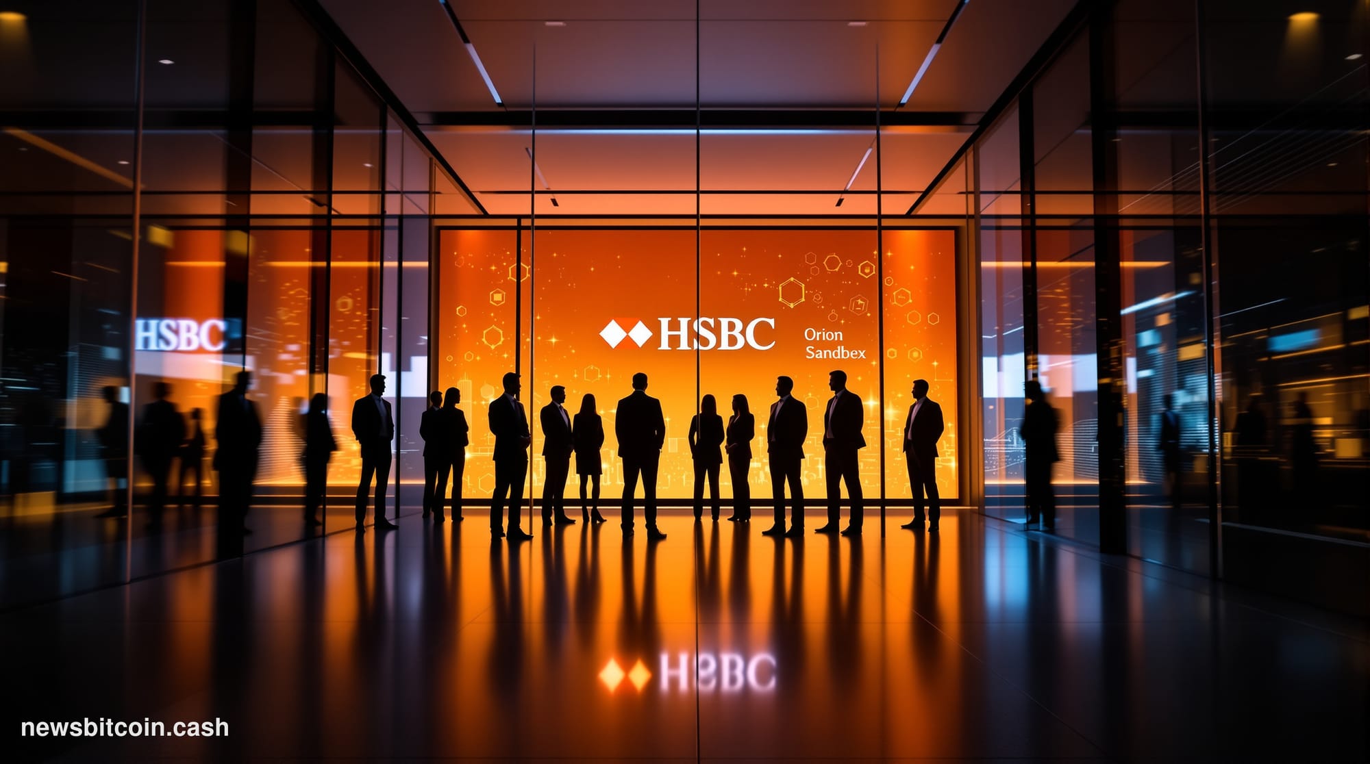 Cinematic photorealistic editorial photograph of the HSBC headquarters building on Canary Wharf, London, at dusk, with the ic