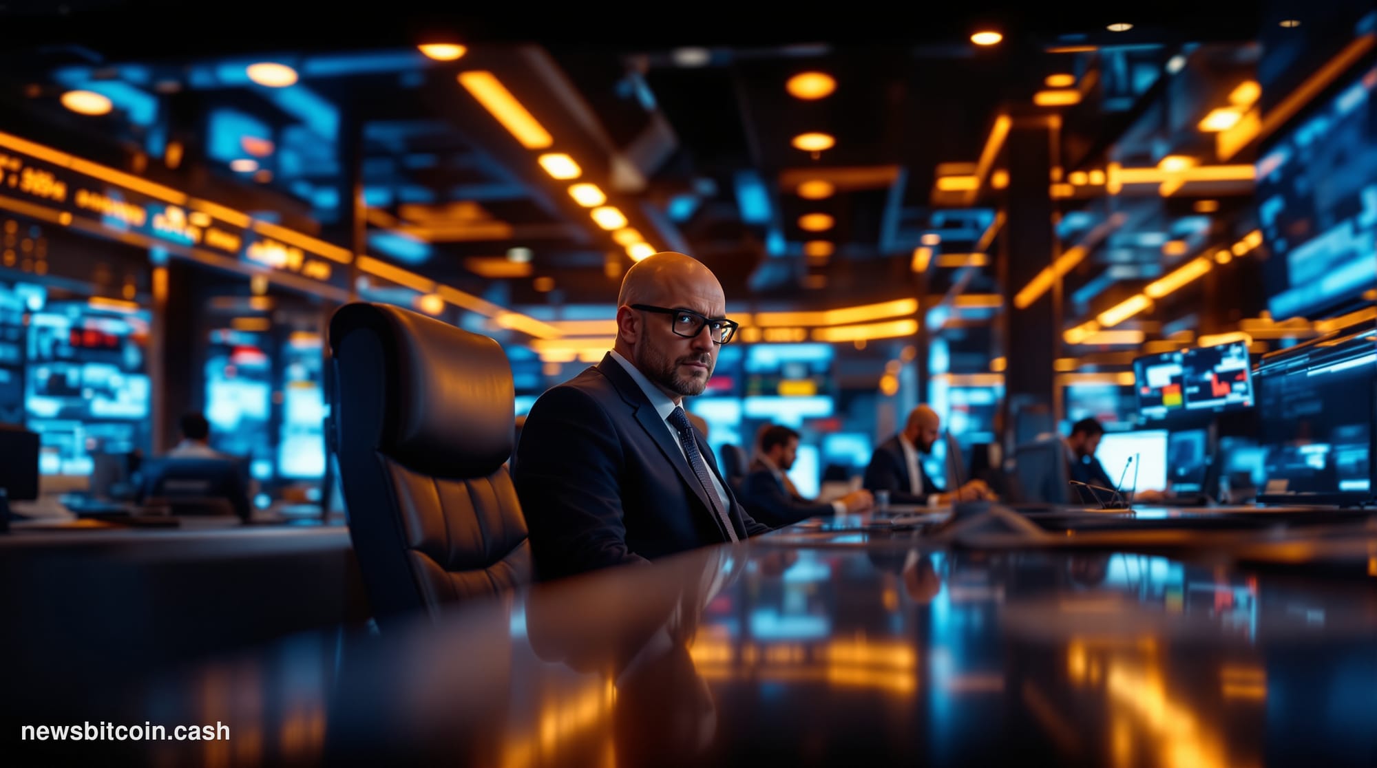 Cinematic photorealistic editorial photograph of a massive financial trading floor rendered in dramatic chiaroscuro lighting,