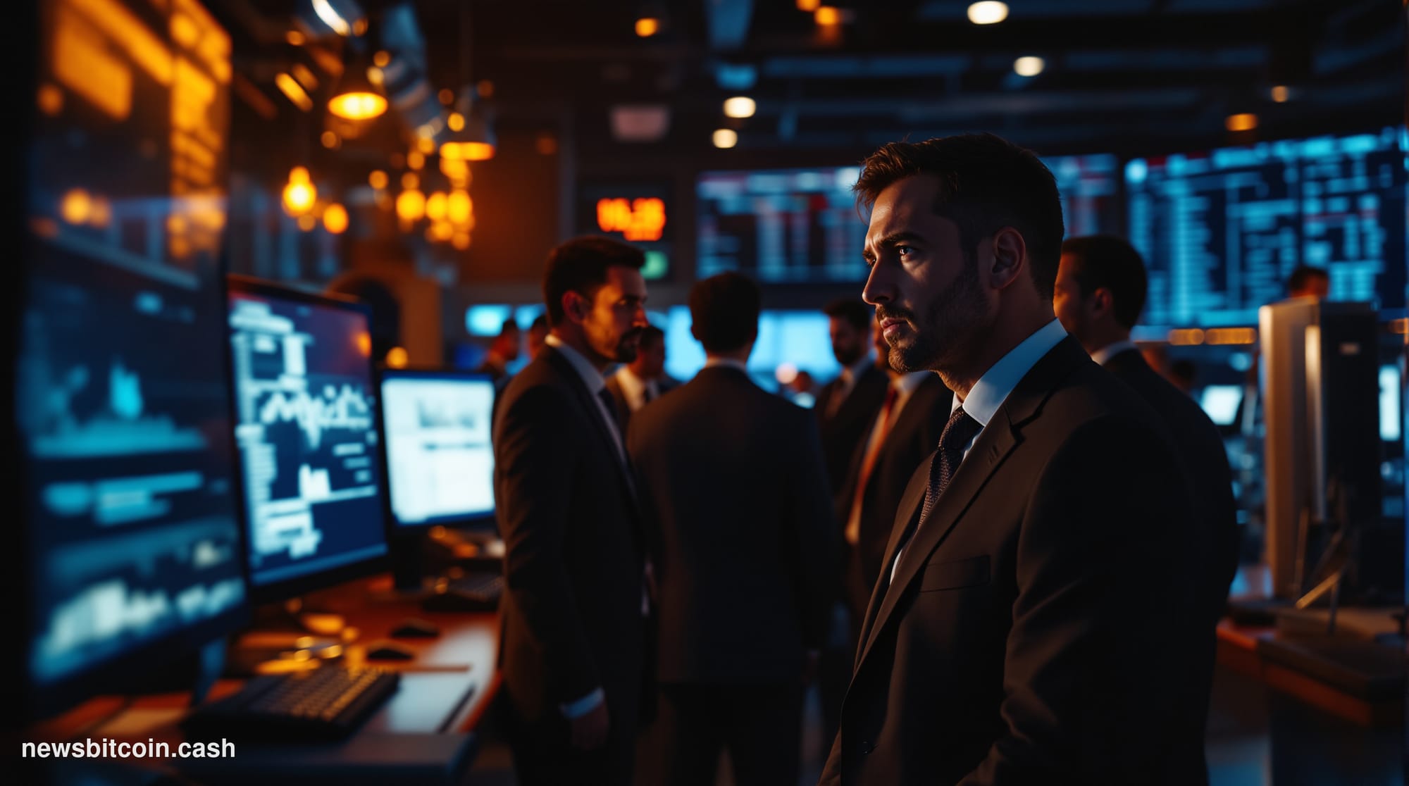 A cinematic photorealistic editorial photograph showing a modern cryptocurrency exchange trading floor in crisis mode, with m