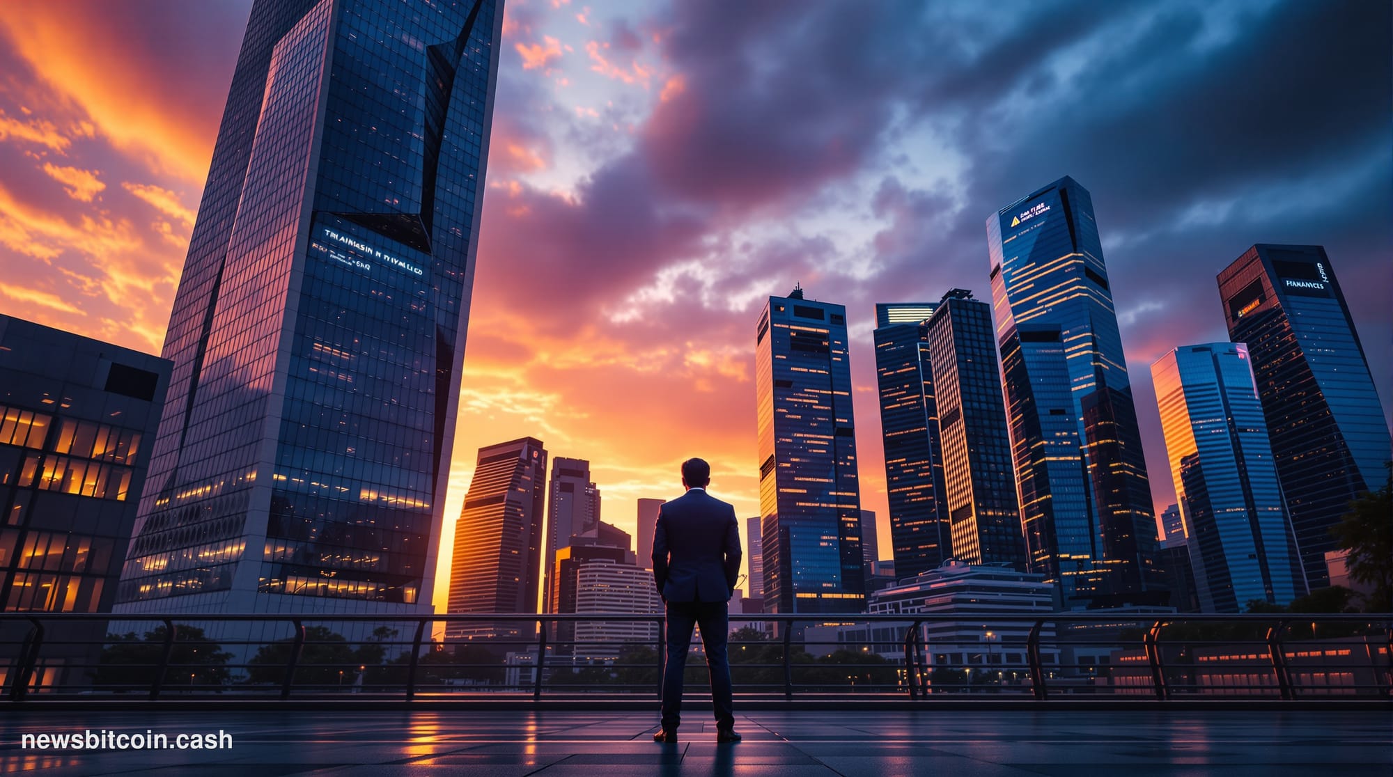 A cinematic photorealistic editorial photograph of the Singapore Central Business District skyline at dusk, shot from ground 