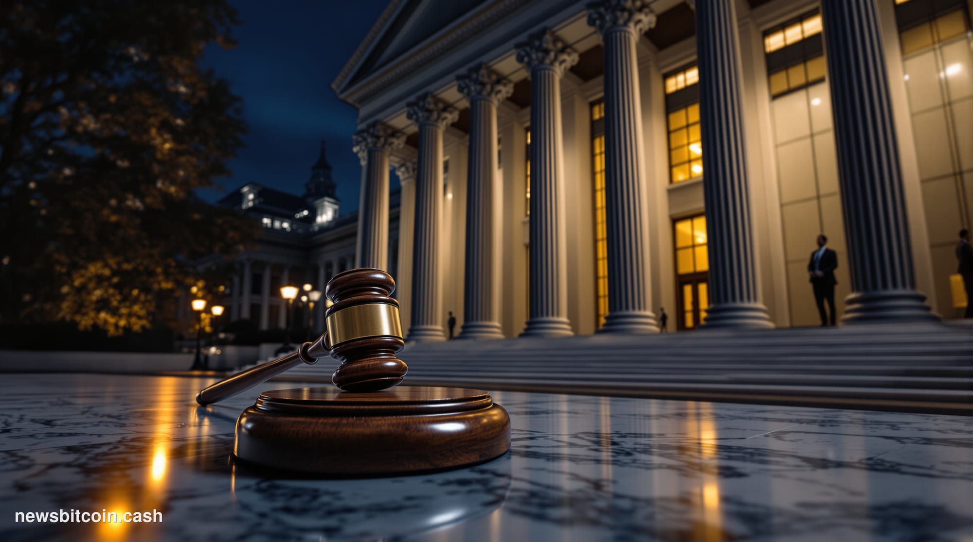 A cinematic photorealistic editorial photograph of the imposing neoclassical facade of the Office of the Comptroller of the C