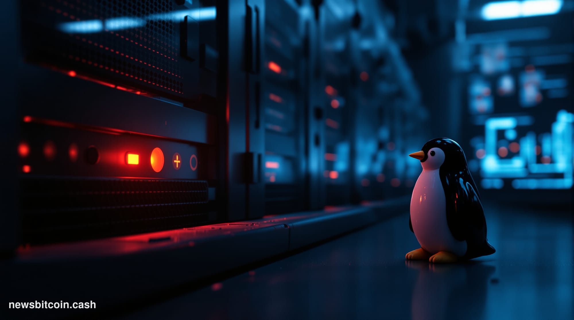 Cinematic photorealistic editorial photograph of a darkened server room with a row of powered-down rack servers, emergency re