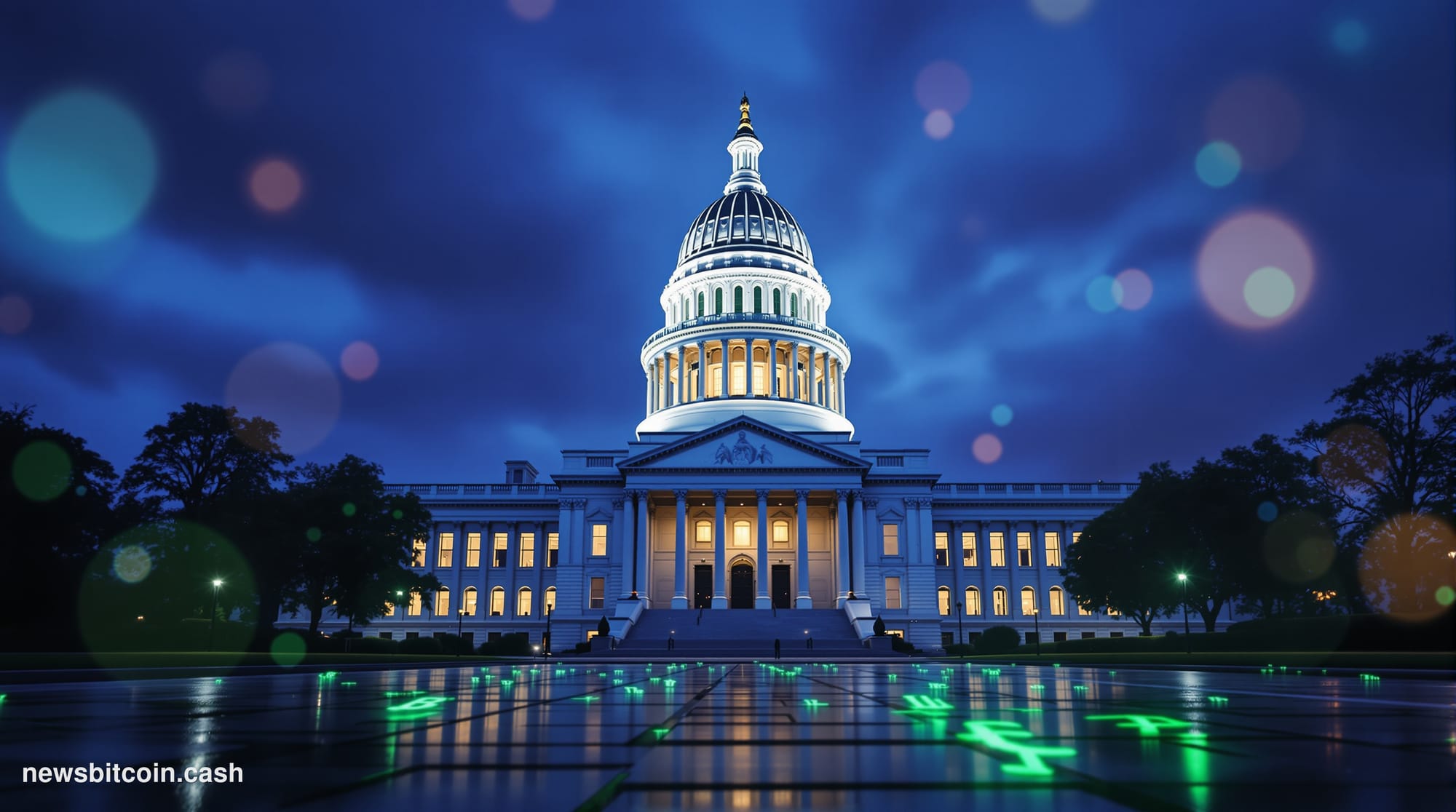 Cinematic photorealistic editorial photograph of the Illinois State Capitol building in Springfield, shot at dusk from a low 