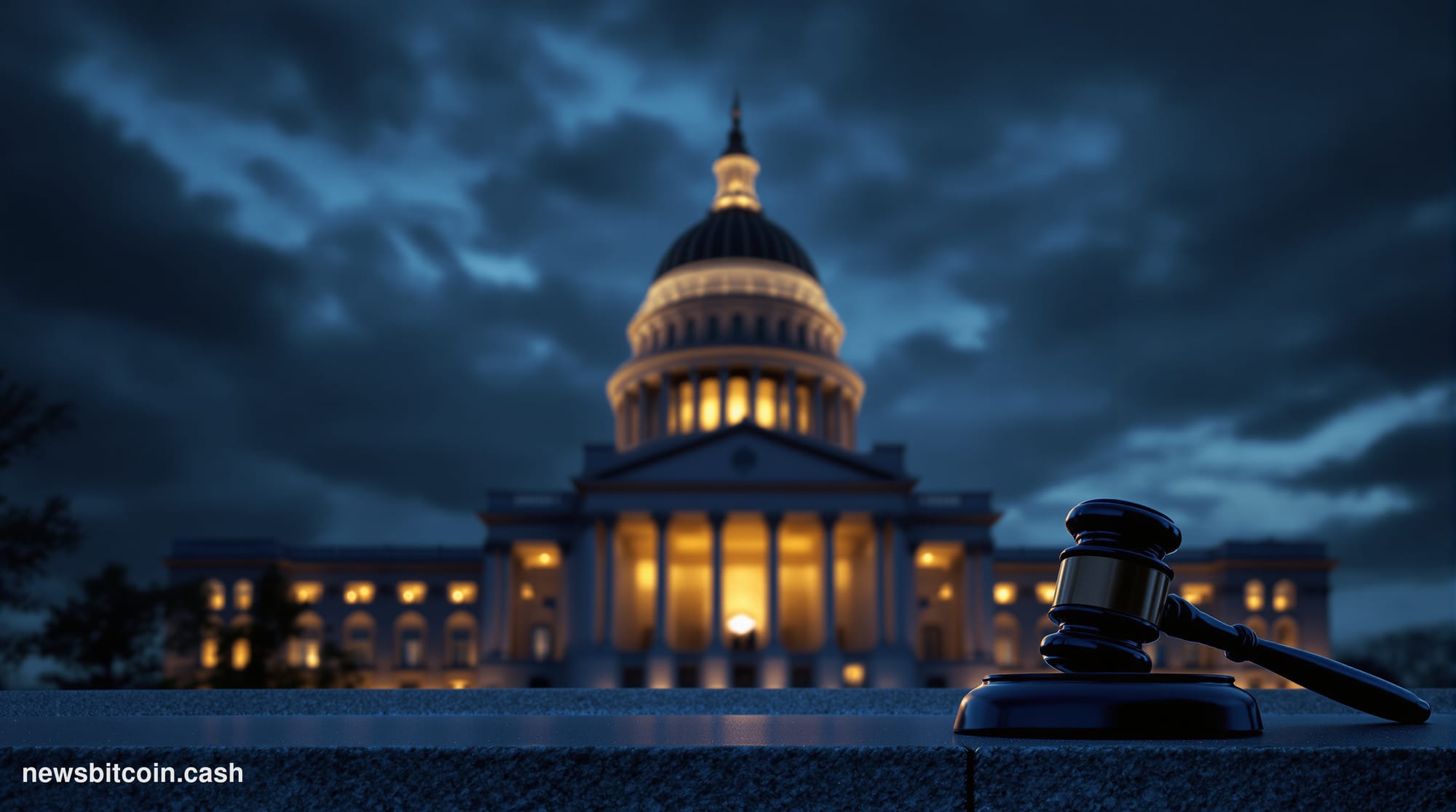 Cinematic photorealistic editorial photograph of the Illinois State Capitol building in Springfield at dusk, shot from a low 