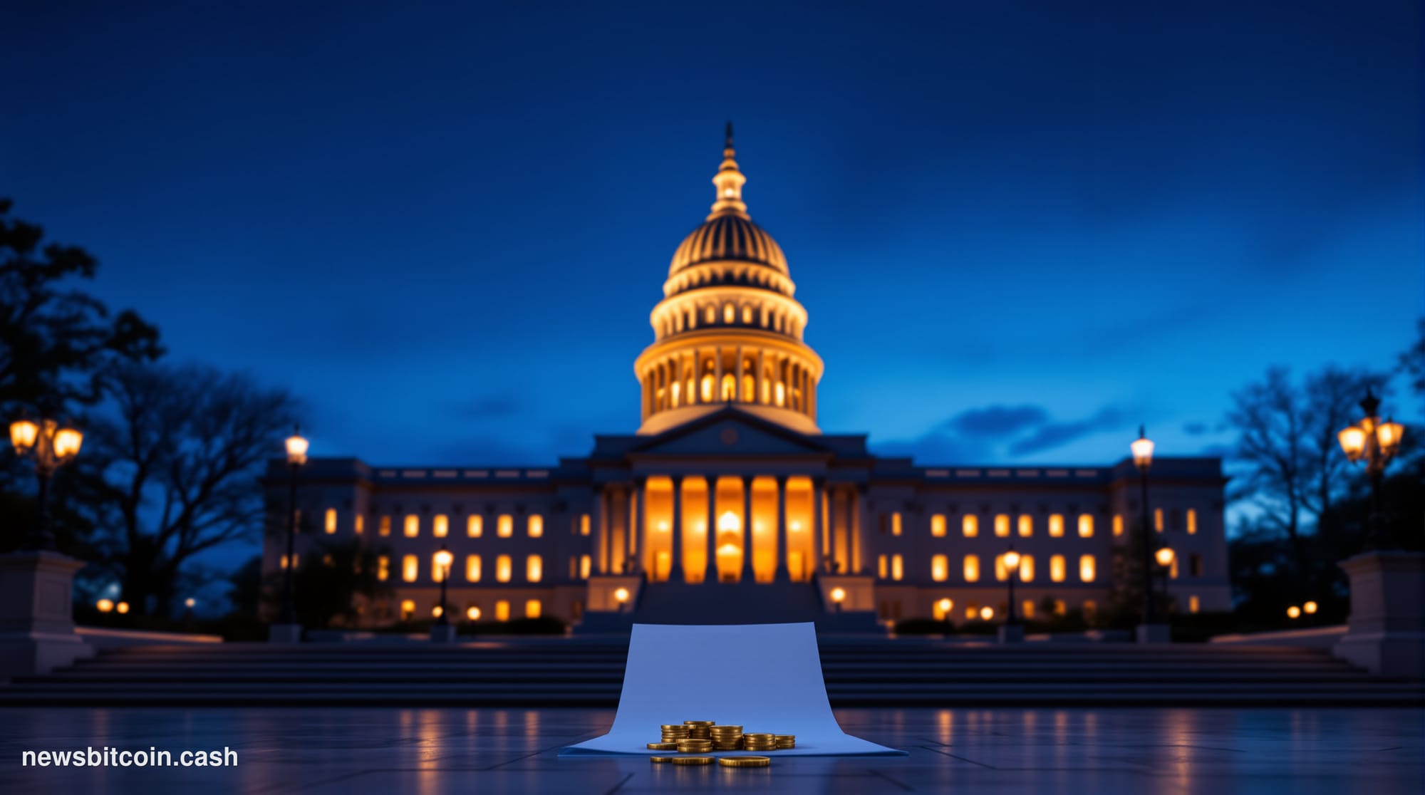 Cinematic photorealistic editorial photograph of the Illinois State Capitol building in Springfield at dusk, its iconic dome 