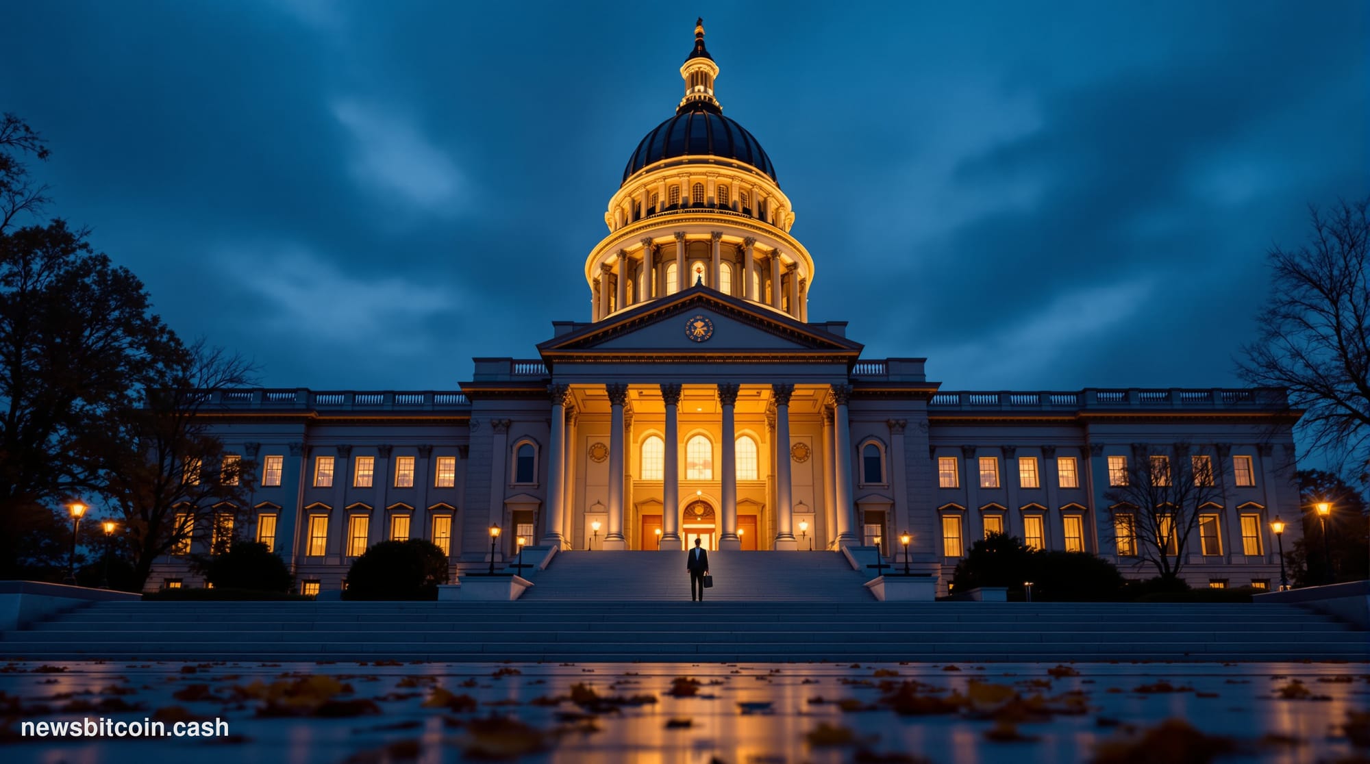 Cinematic photorealistic editorial photograph of the Illinois State Capitol building in Springfield at dusk, its iconic dome 
