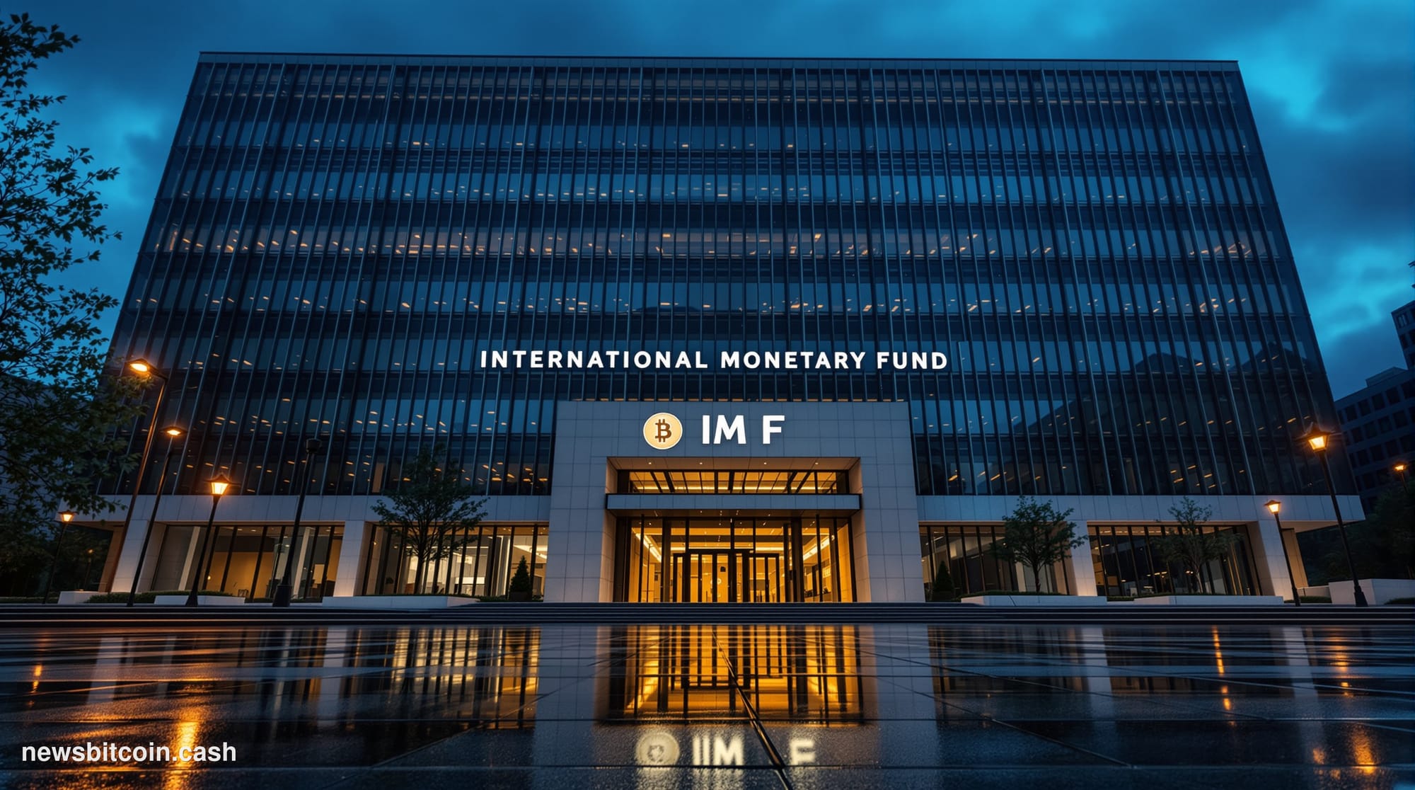 Cinematic photorealistic editorial photograph of the IMF headquarters building in Washington D.C. — the distinctive modernist
