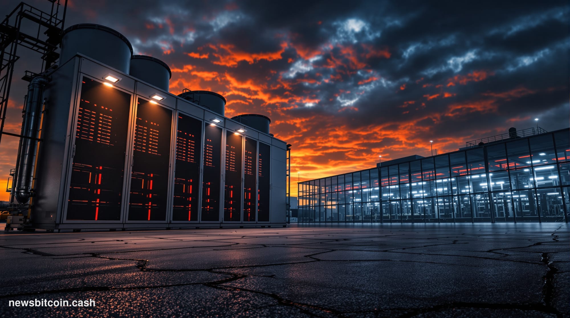 Cinematic photorealistic editorial photograph of a large-scale cryptocurrency mining facility exterior at dusk, shot from a l