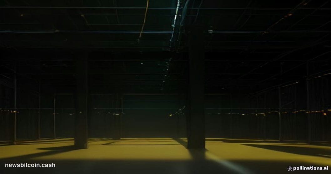 Cinematic photorealistic editorial photograph shot from a low angle looking up at a bank of server racks in a darkened data c