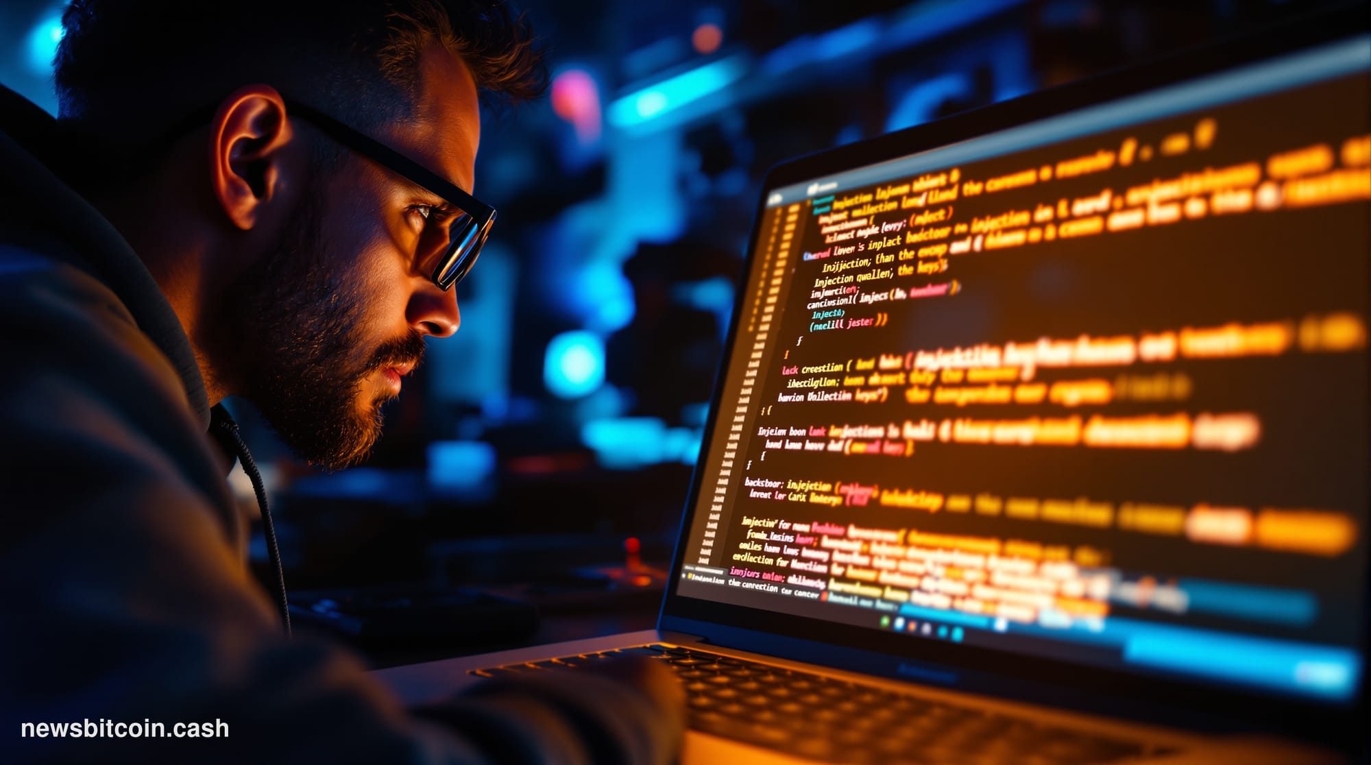 Cinematic photorealistic editorial photograph of a developer's dual-monitor workstation in a darkened room, with terminal cod