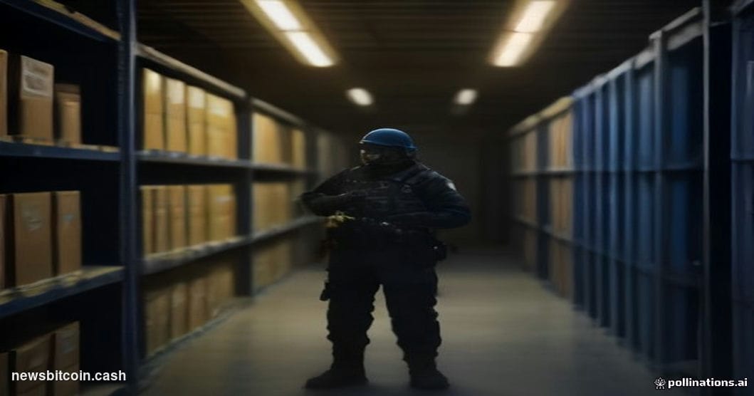 Cinematic photorealistic editorial photograph set in a dimly lit African warehouse interior, where uniformed law enforcement 
