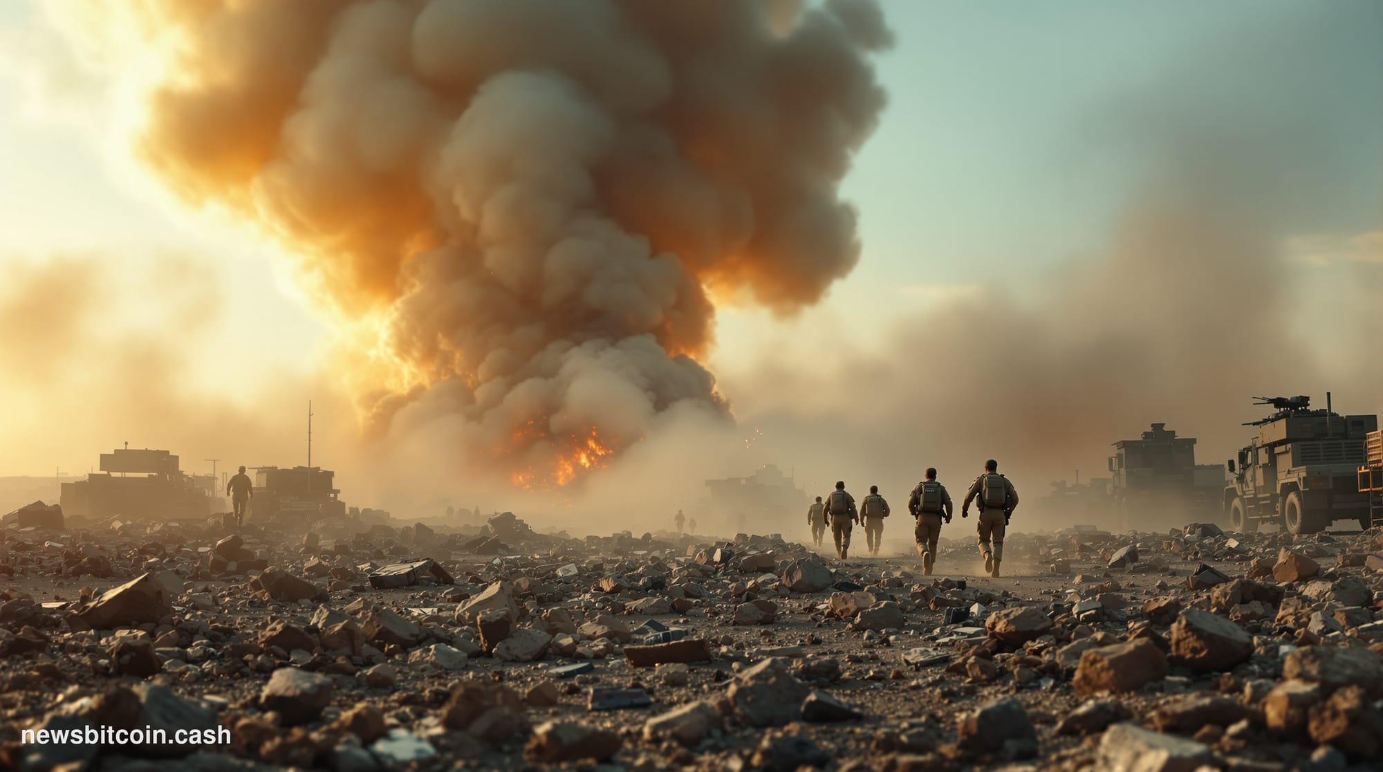 Cinematic photorealistic editorial photograph of a dramatic desert military landscape at dusk, with the amber glow of distant